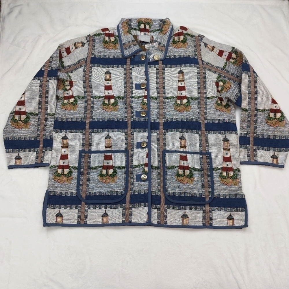 BLAIR WOMEN'S VINTAGE BLUE NAUTICAL LIGHTHOUSE TAPESTRY SHACKET BLAZER SIZE 2XL